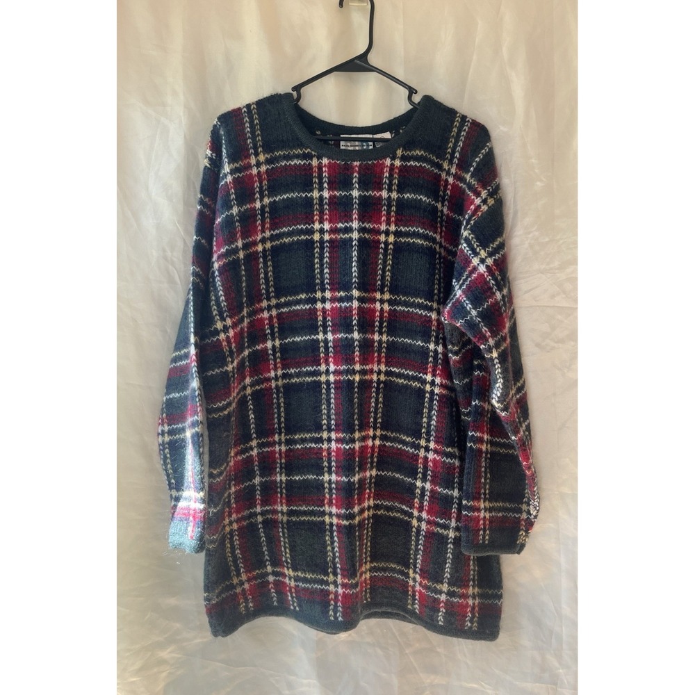 Vtg 90s Paul Harris Design Navy & Green Plaid Pullover Sweater‎ Large Mohair